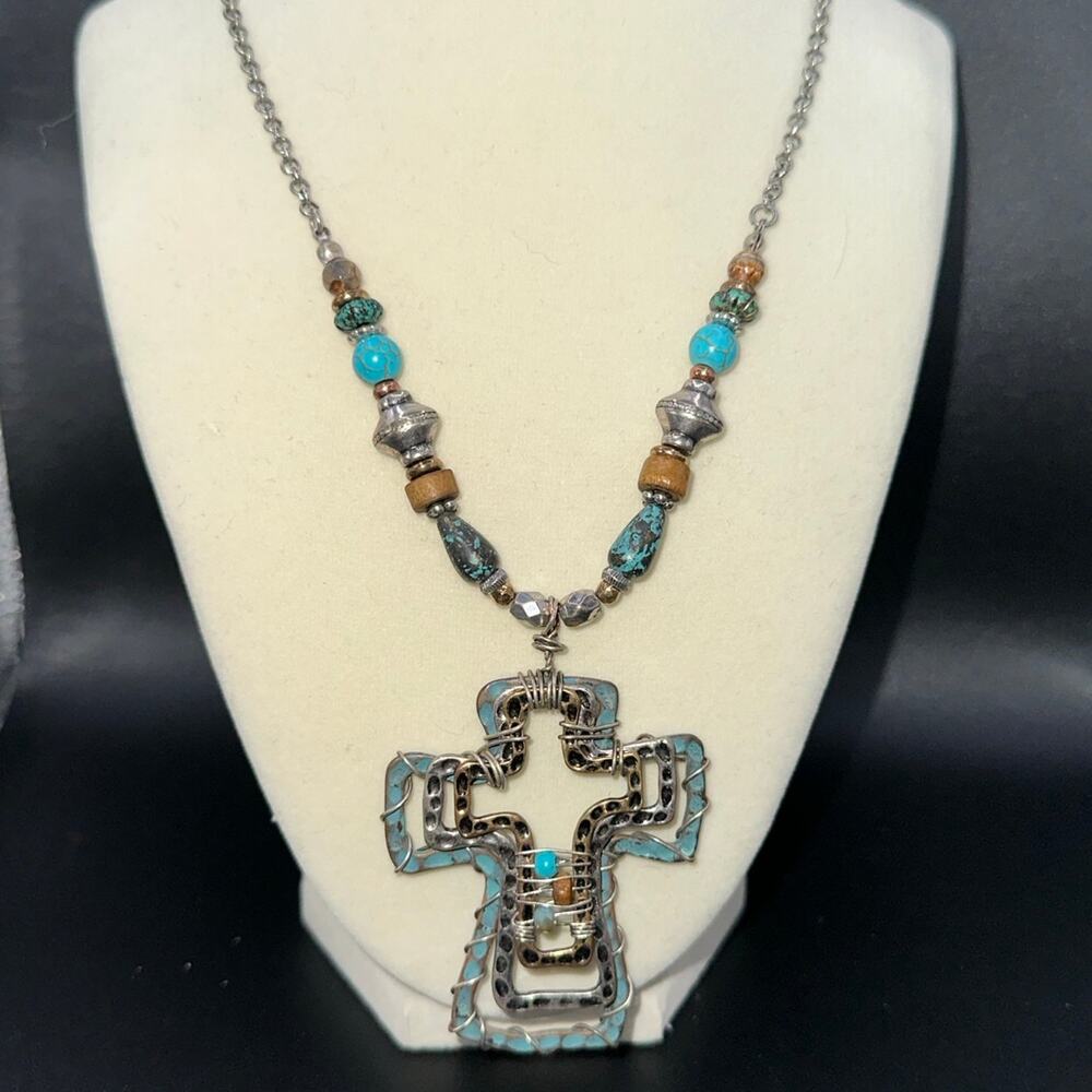 Cross Necklace southwestern style turquoise and silver Statement Piece 18"